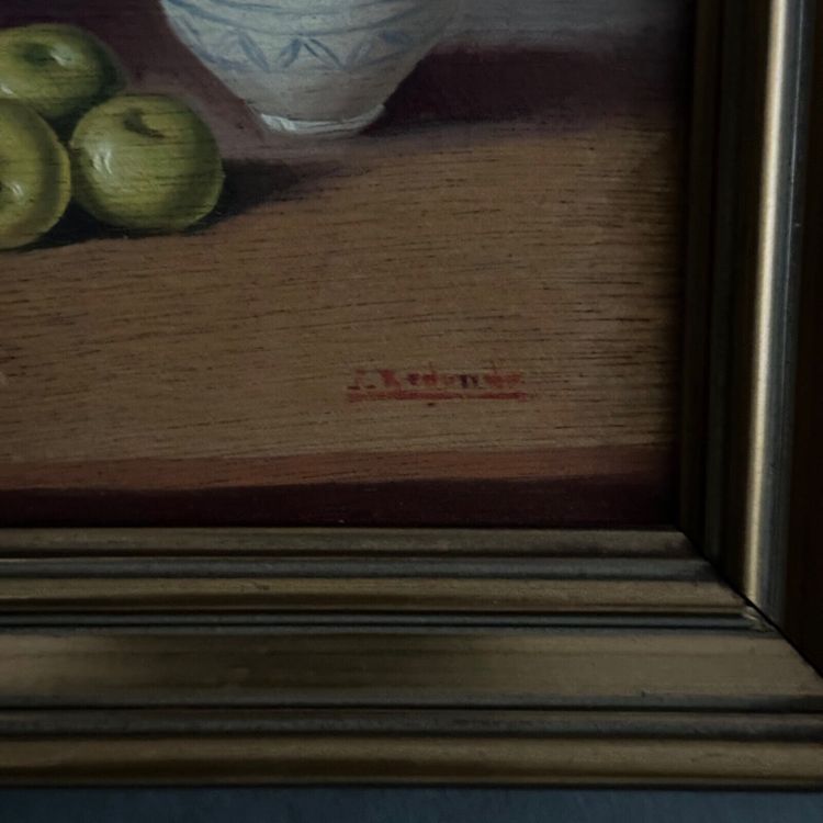 Oil on panel still life with fruit and earthenware jug 20th century