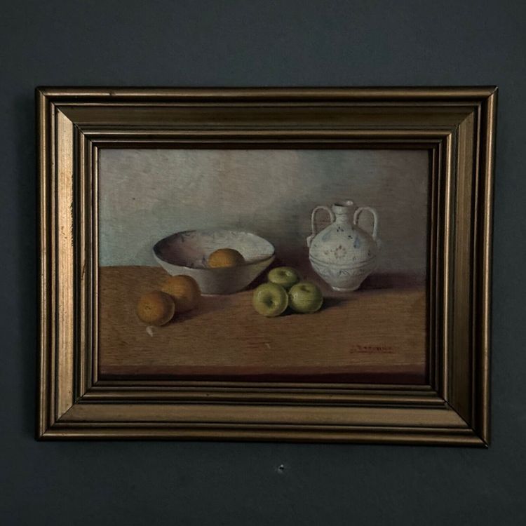 Oil on panel still life with fruit and earthenware jug 20th century