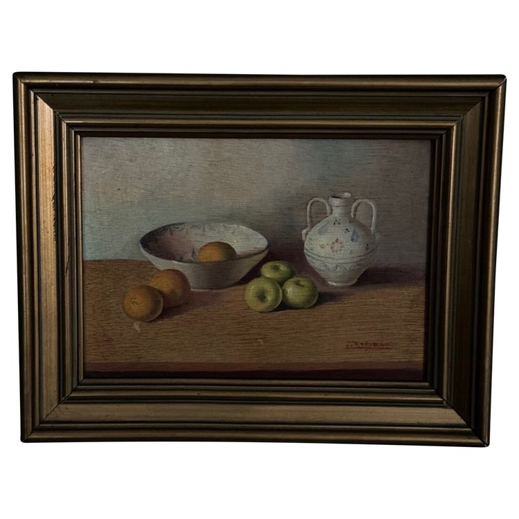 Oil on panel still life with fruit and earthenware jug 20th century