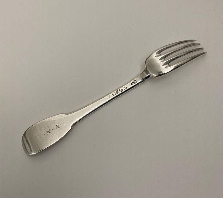 18th century silver fork with farmers general hallmark, monogram NM