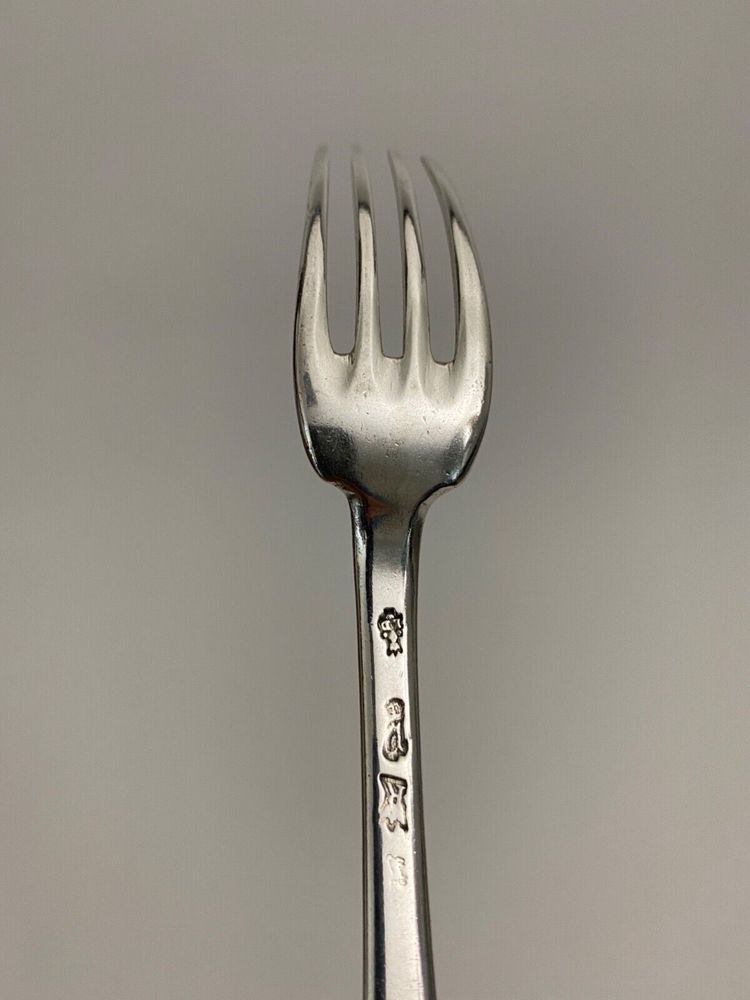 18th century silver fork with farmers general hallmark, monogram NM
