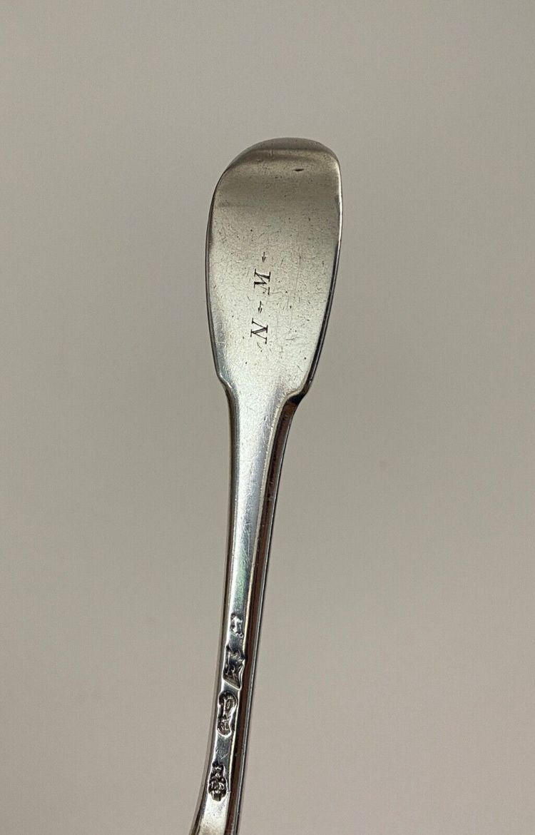 18th century silver fork with farmers general hallmark, monogram NM