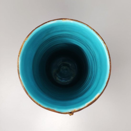 1950 Magnifique Vase en Céramique Marcello Fantoni Enveloppé de Cuir. Fabriqué en Italie