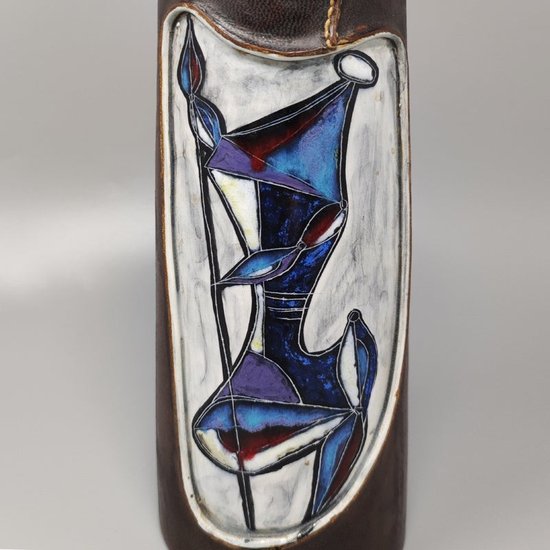 1950 Magnifique Vase en Céramique Marcello Fantoni Enveloppé de Cuir. Fabriqué en Italie