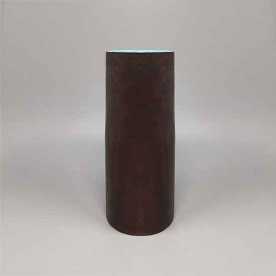 1950 Magnifique Vase en Céramique Marcello Fantoni Enveloppé de Cuir. Fabriqué en Italie