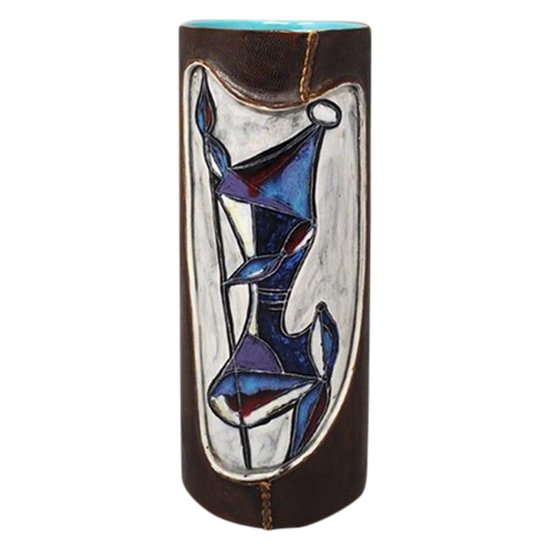 1950 Magnificent Ceramic Vase Marcello Fantoni Wrapped in Leather. Made in Italy