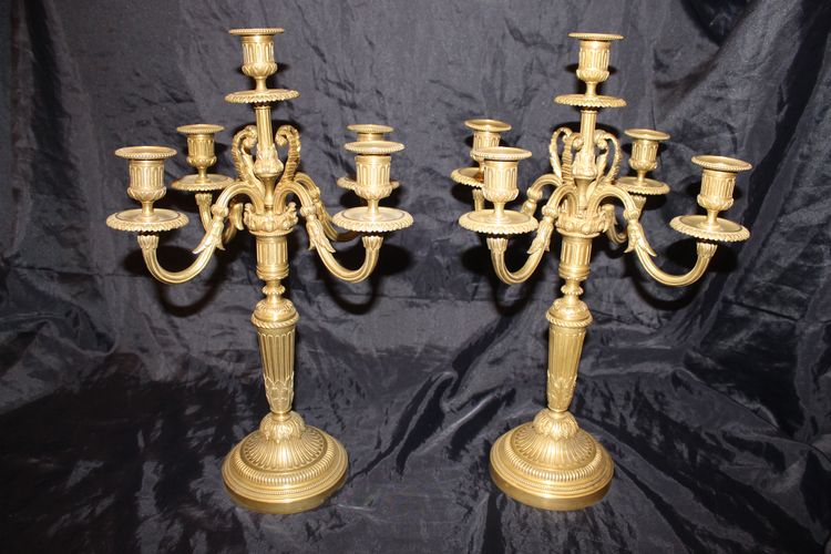 Coppia di candelabri in bronzo a 5 bracci in stile Luigi XVI, XIX secolo