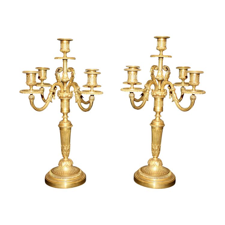 Coppia di candelabri in bronzo a 5 bracci in stile Luigi XVI, XIX secolo