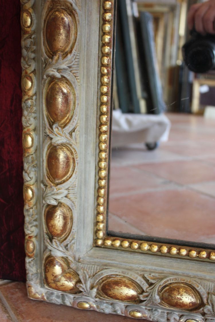 106 X 160 Cm Miroir De Cheminée Milieu XIXème, Feuille d'Or, Patine, Glace Mercure
