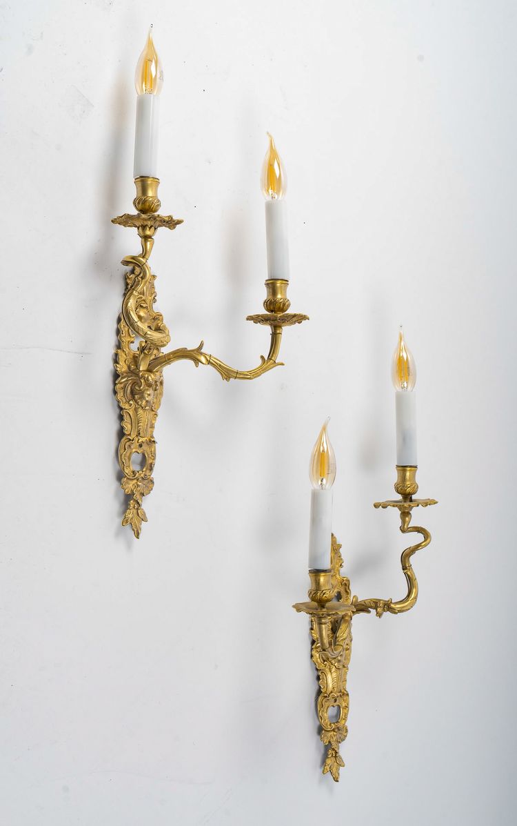 Pair of French Louis XV Period Gilt Bronze Sconces with C Crown Mark circa 1745-1749