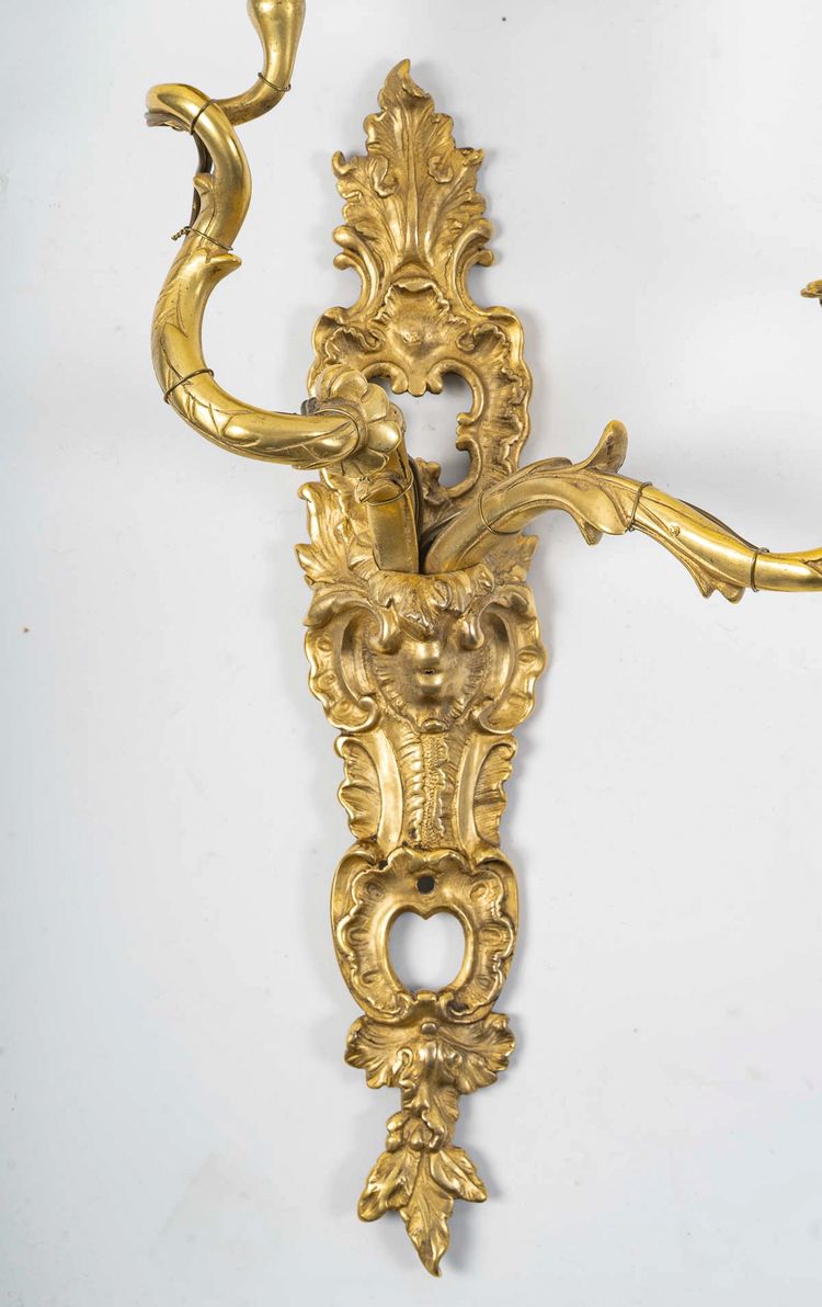 Pair of French Louis XV Period Gilt Bronze Sconces with C Crown Mark circa 1745-1749