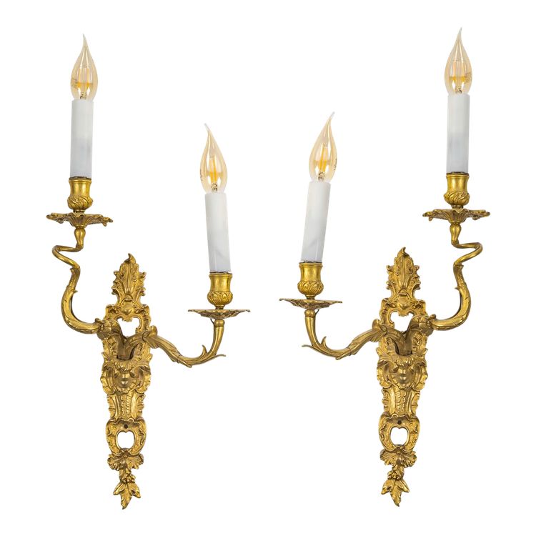 Pair of French Louis XV Period Gilt Bronze Sconces with C Crown Mark circa 1745-1749