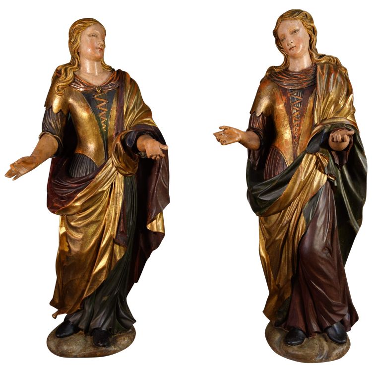 Coppia di fanciulle lignee policrome veneziane 
