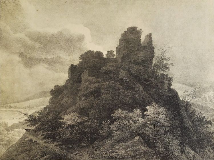 Lithographie Ancienne Par Engelmann Ruines Du Château De Robert Le Diable 19ème