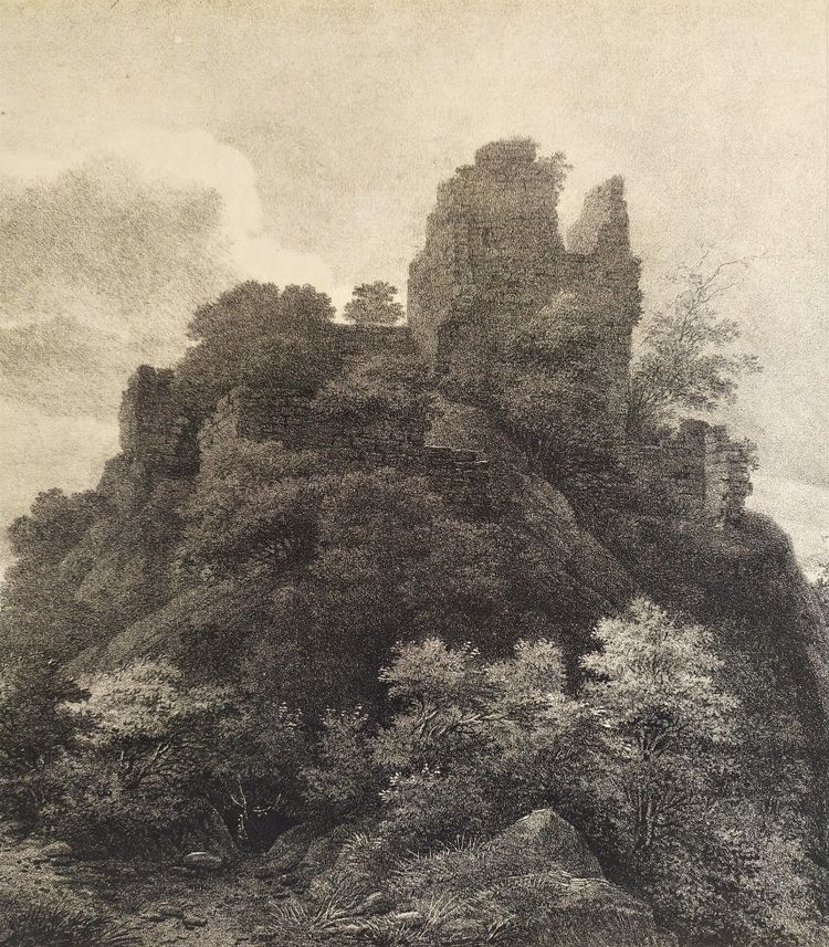Lithographie Ancienne Par Engelmann Ruines Du Château De Robert Le Diable 19ème