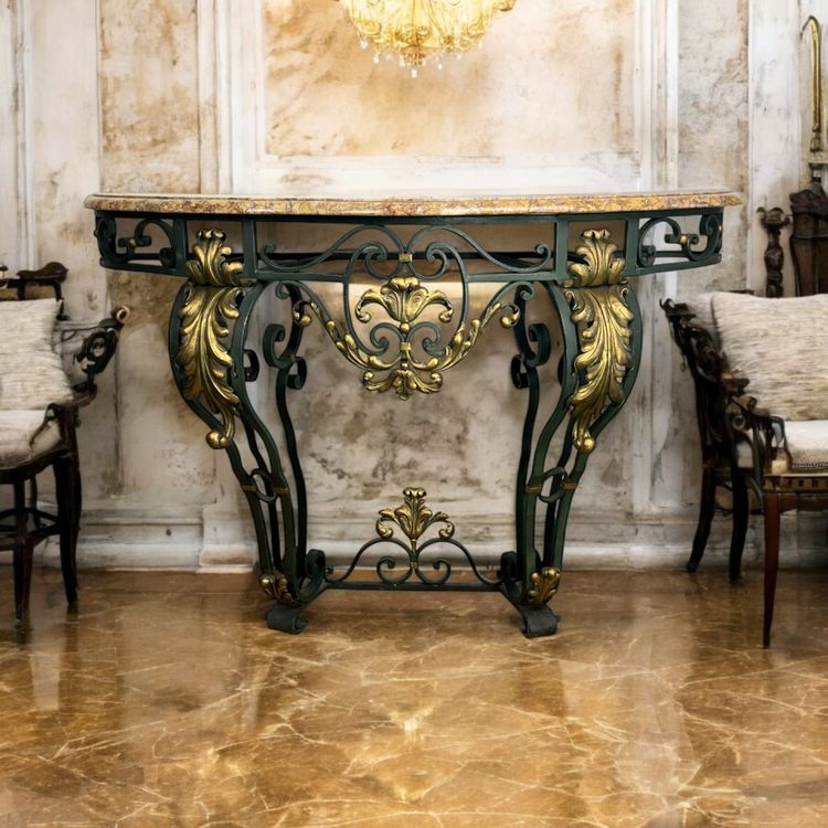 CONSOLE EN FER FORGÉ A DÉCOR DE FEUILLAGES AVEC DESSUS MARBRE ÉPOQUE ART DECO