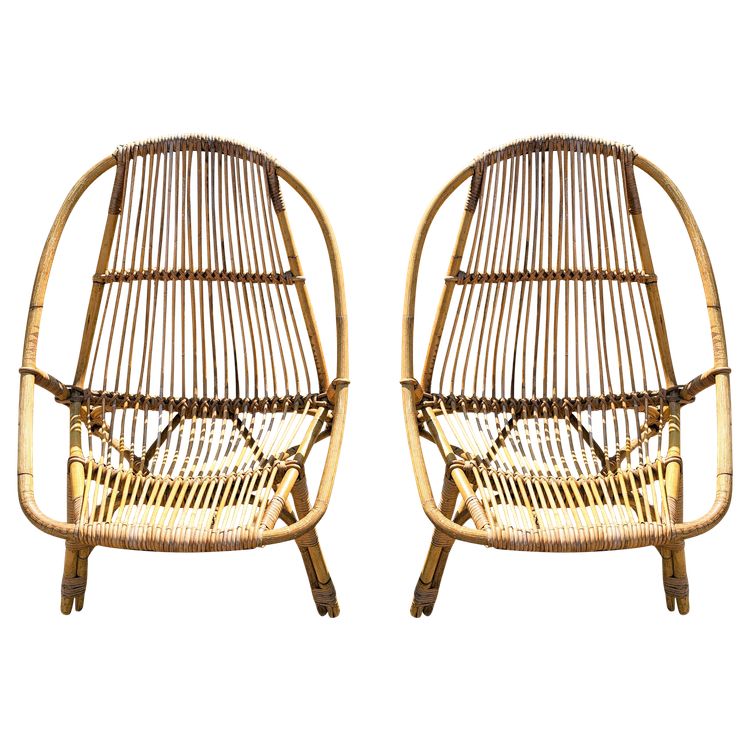 Pair of rattan armchairs with armrests from the 60s and 70s