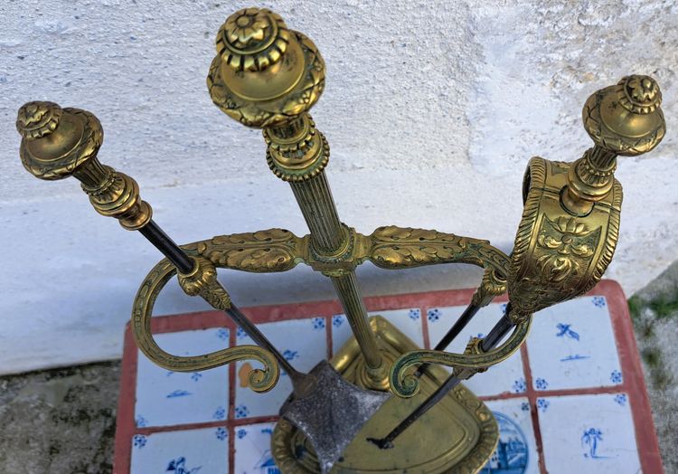Set da camino in bronzo e ferro del XIX secolo