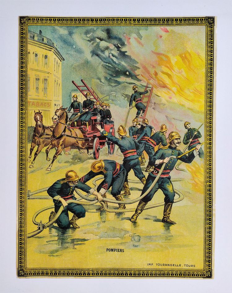 Chromolithograph Firefighters In Touraine Circa 1900 Old Print
