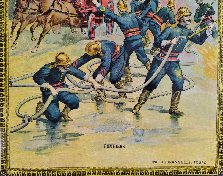 Chromolithograph Firefighters In Touraine Circa 1900 Old Print