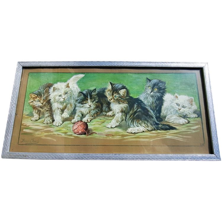 Tableau gravure de  Fannie Moody  chats jouent avec pelote de laine XXEME