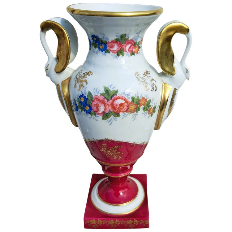 Vaso francese Pilllivuyt in porcellana marchiata con manici a testa di cigno dipinti a mano