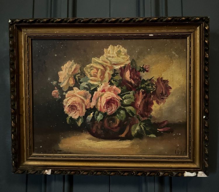 Öl auf Holz signiertes Stillleben mit Rosenstrauß 1936