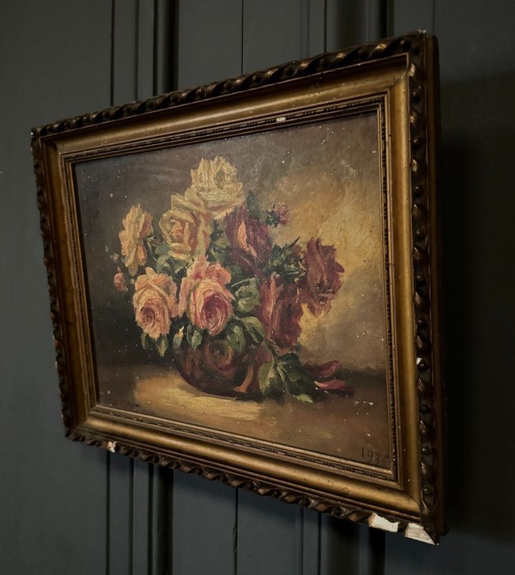Öl auf Holz signiertes Stillleben mit Rosenstrauß 1936