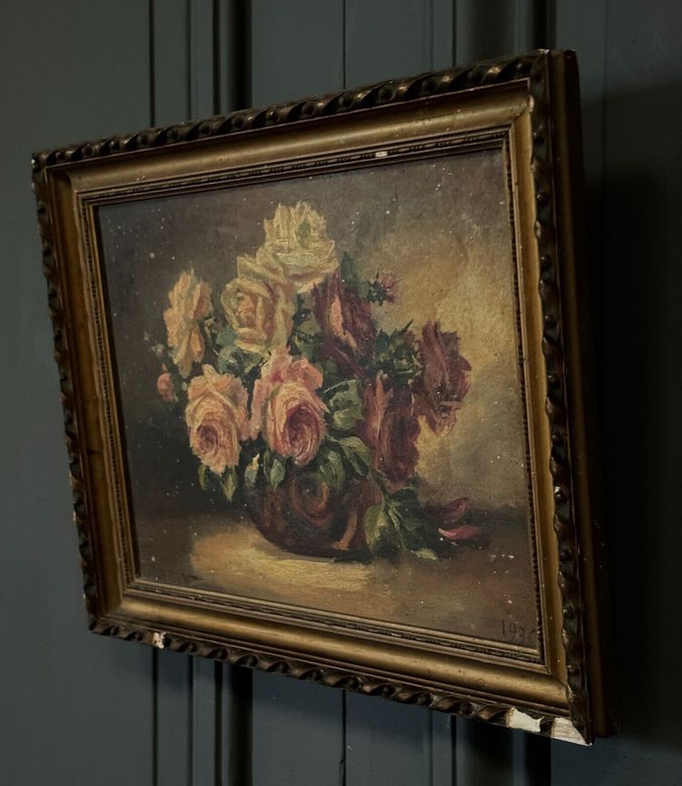 Öl auf Holz signiertes Stillleben mit Rosenstrauß 1936