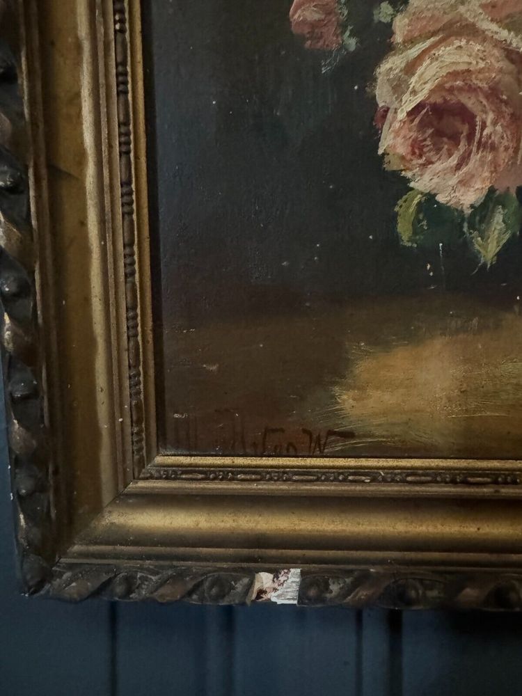 Öl auf Holz signiertes Stillleben mit Rosenstrauß 1936
