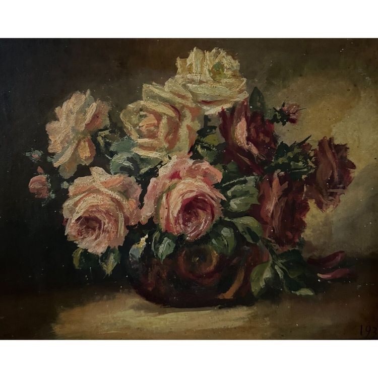 Öl auf Holz signiertes Stillleben mit Rosenstrauß 1936