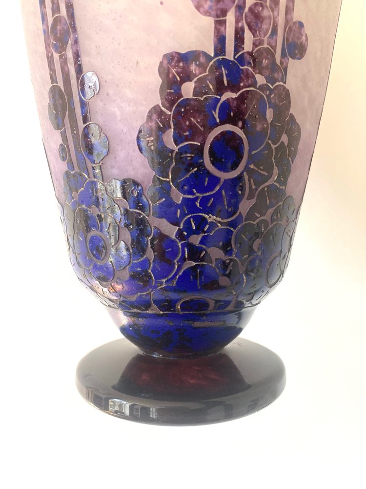 Schneider : large vase Le verre français "roses trémières " art déco 1927-1928
