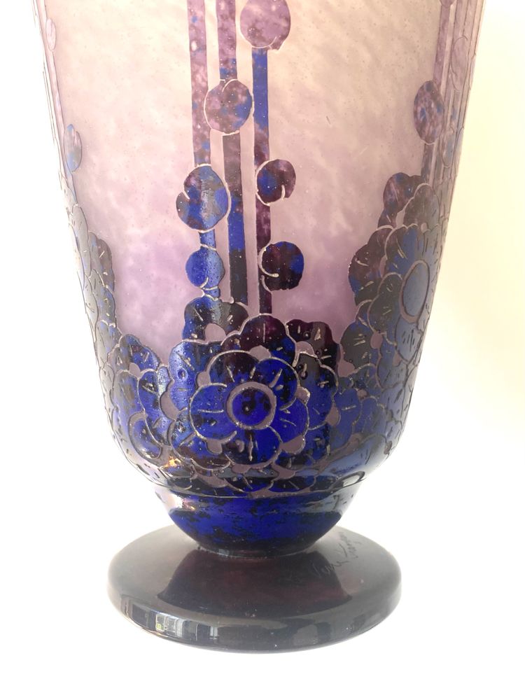 Schneider : large vase Le verre français "roses trémières " art déco 1927-1928
