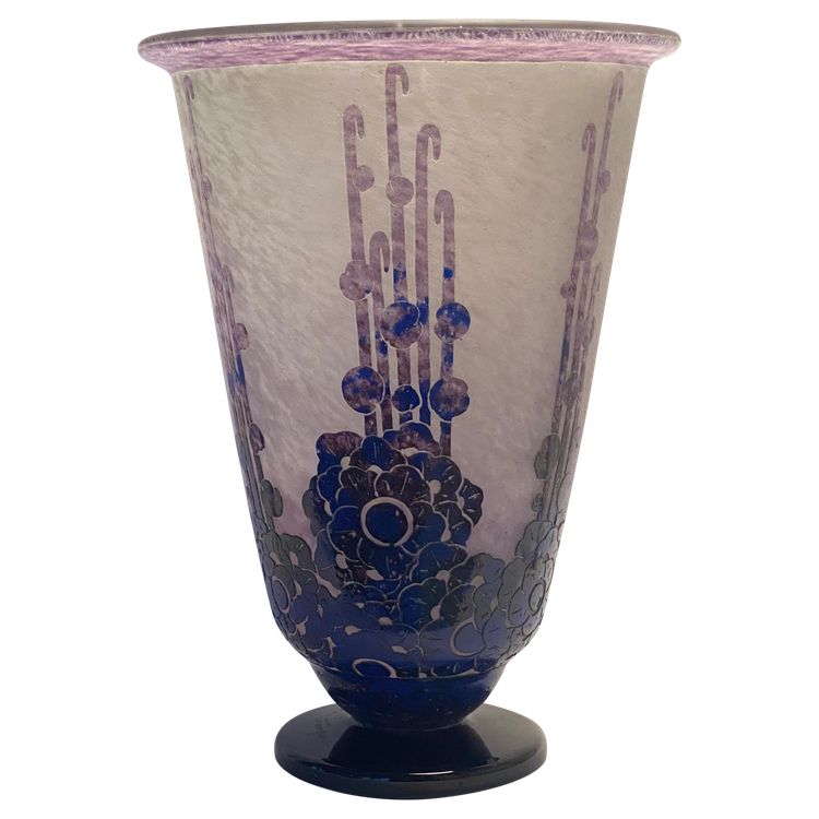 Schneider : large vase Le verre français "roses trémières " art déco 1927-1928