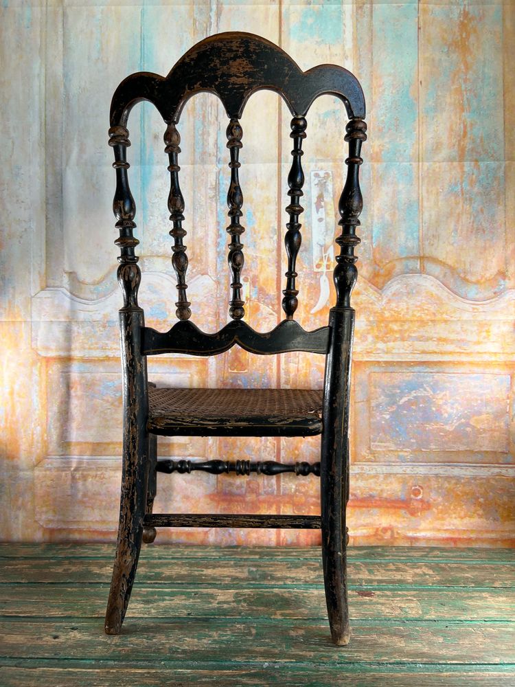 Sedia per bambini Napoleone III in legno annerito e intreccio di vimini – fine del XIX secolo