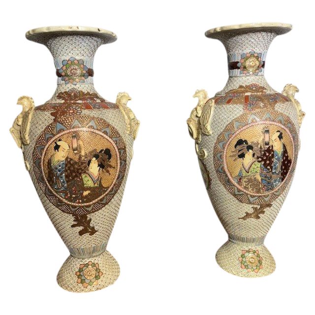 Antique Japanese Satsuma Ceramic Vases early 1900s Paintings . H 78 La 44