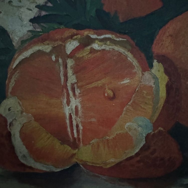 Olio su tela natura morta con frutta e fiori di L. Parize XX secolo