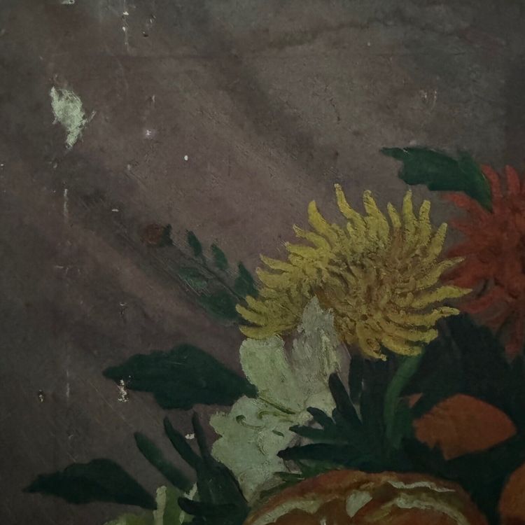 Olio su tela natura morta con frutta e fiori di L. Parize XX secolo