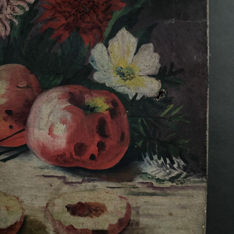 Olio su tela natura morta con frutta e fiori di L. Parize XX secolo