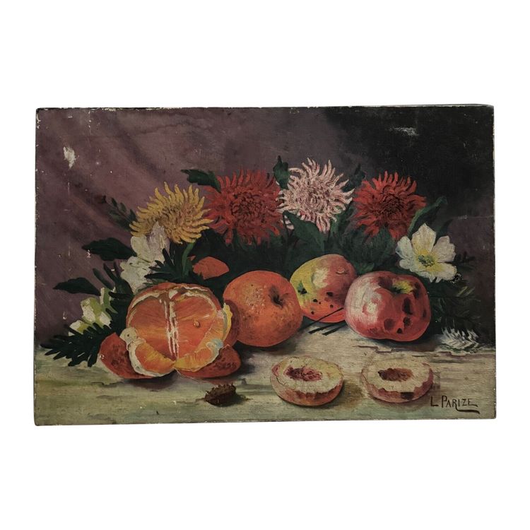 Olio su tela natura morta con frutta e fiori di L. Parize XX secolo