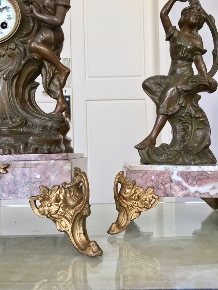 Art Nouveau Marble and Spelter Fireplace Set - 1900