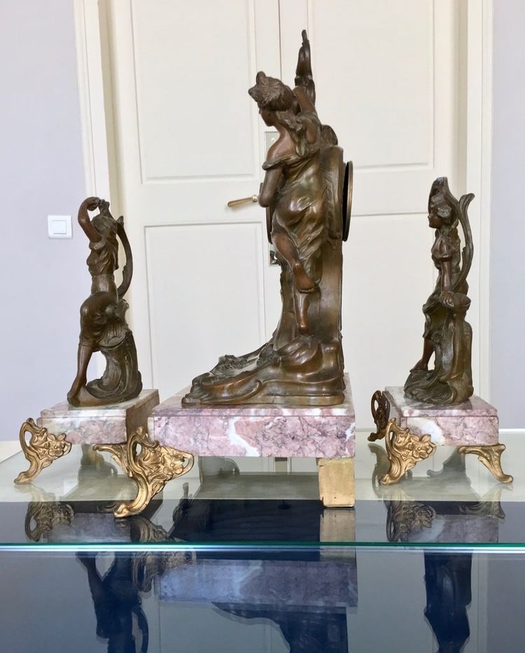 Art Nouveau Marble and Spelter Fireplace Set - 1900