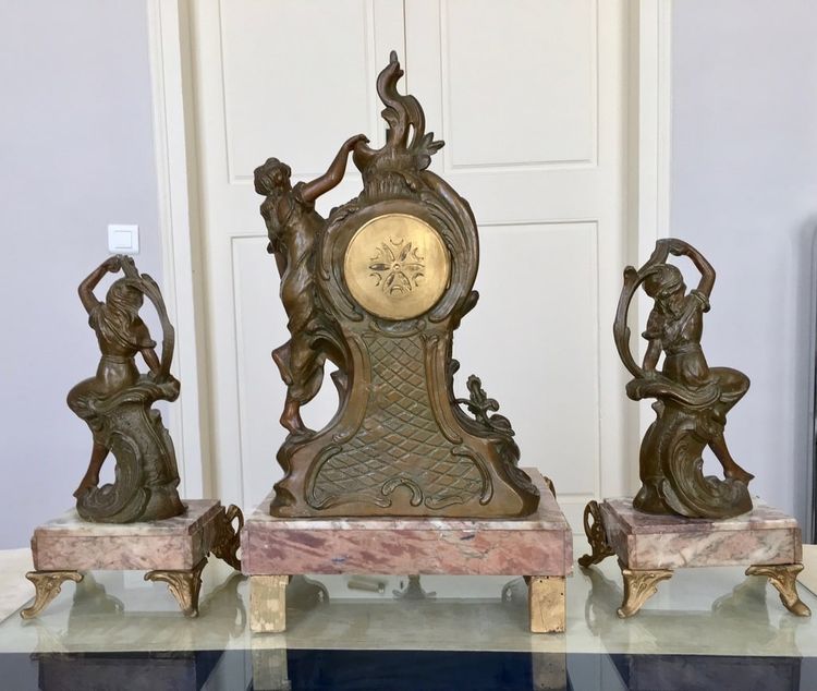 Art Nouveau Marble and Spelter Fireplace Set - 1900