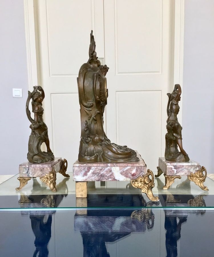 Art Nouveau Marble and Spelter Fireplace Set - 1900