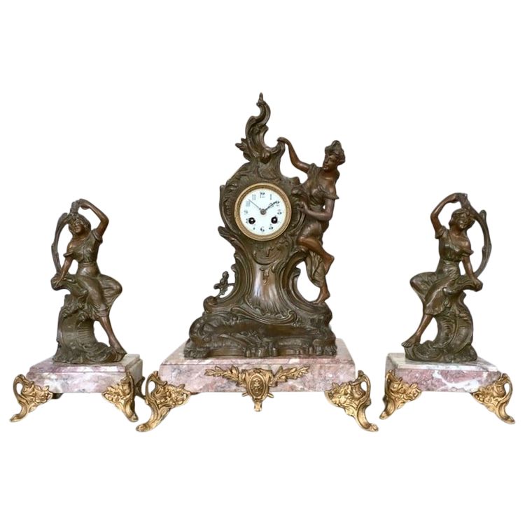 Art Nouveau Marble and Spelter Fireplace Set - 1900