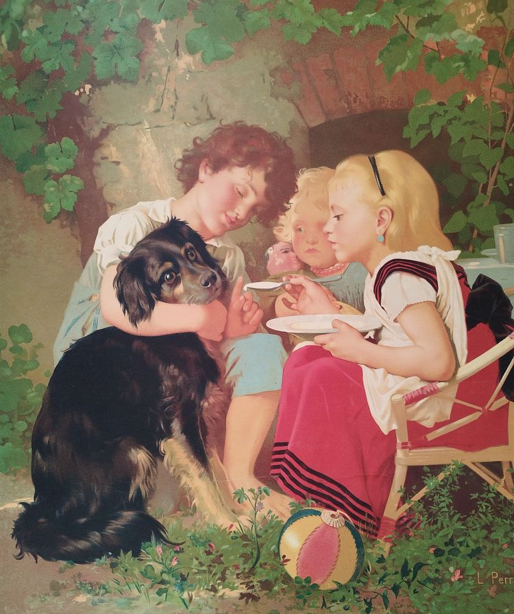 Antique Chromolithograph After Perrault, Children And Dog 19th Century Old Print