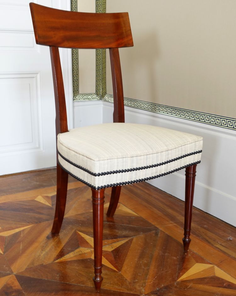 Set of 10 Directoire dining room chairs in mahogany with horsehair covers, Jacob model