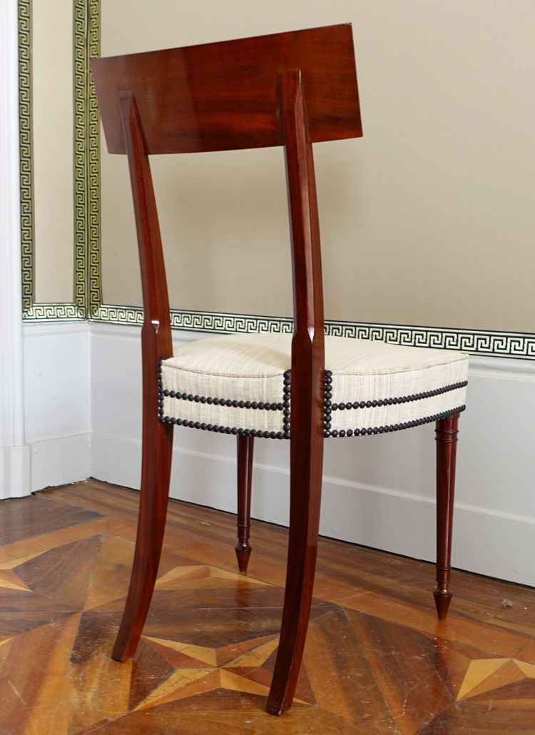 Set of 10 Directoire dining room chairs in mahogany with horsehair covers, Jacob model