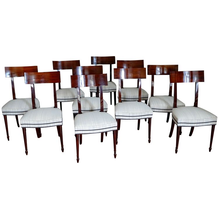 Set of 10 Directoire dining room chairs in mahogany with horsehair covers, Jacob model