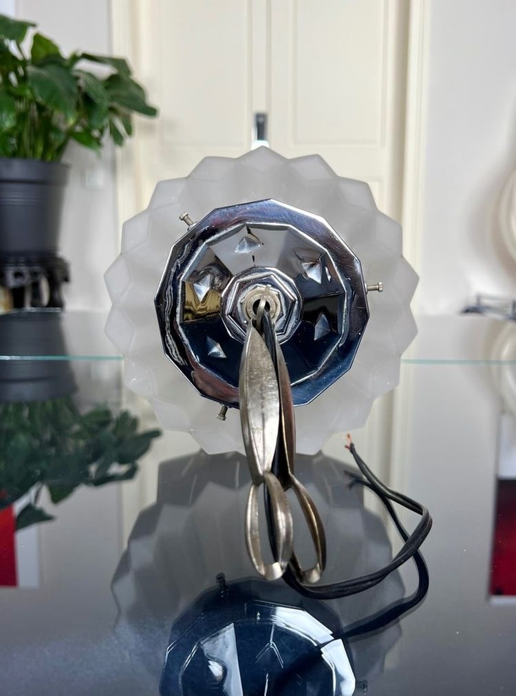 Art Deco Hanging Lamp - Chromed Metal And Frosted Glass Globe - Luminaire XXe siècle